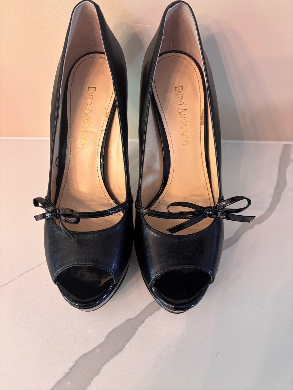Enzo Angiolini Black Peep-Toe Bow Heels